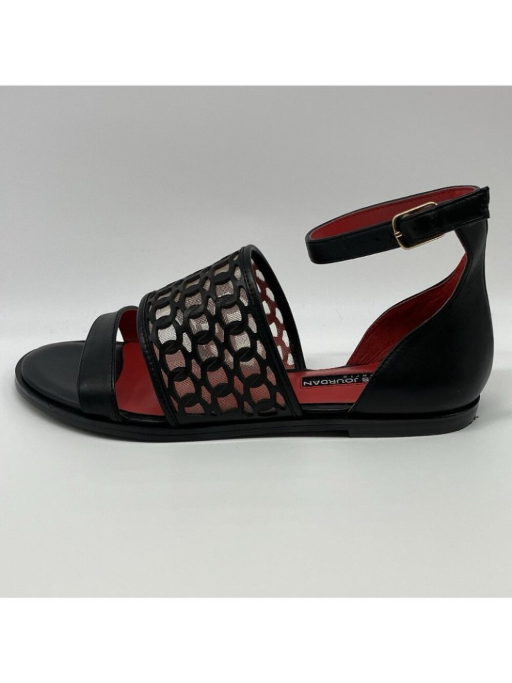 Charles Jourdan Black Laser Cut Sandals Ankle Strap Red Sole Size 6M - T17 - Picture 6 of 10